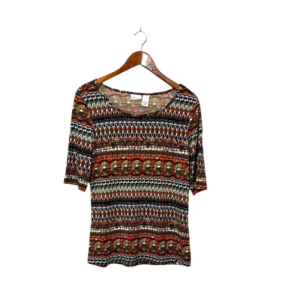 Womens XL Multicolor Boho Print Short Sleeve Top Aztec Stretchy Comfortable